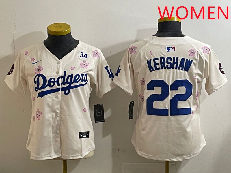 Women Los Angeles Dodgers 22 Kershaw Cream Sakura Edition 2025 Nike MLB Jersey style 8